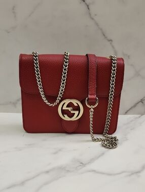 Authentic Gucci Interlocking G Red Leather Chain Shoulder Bag With Digital COA